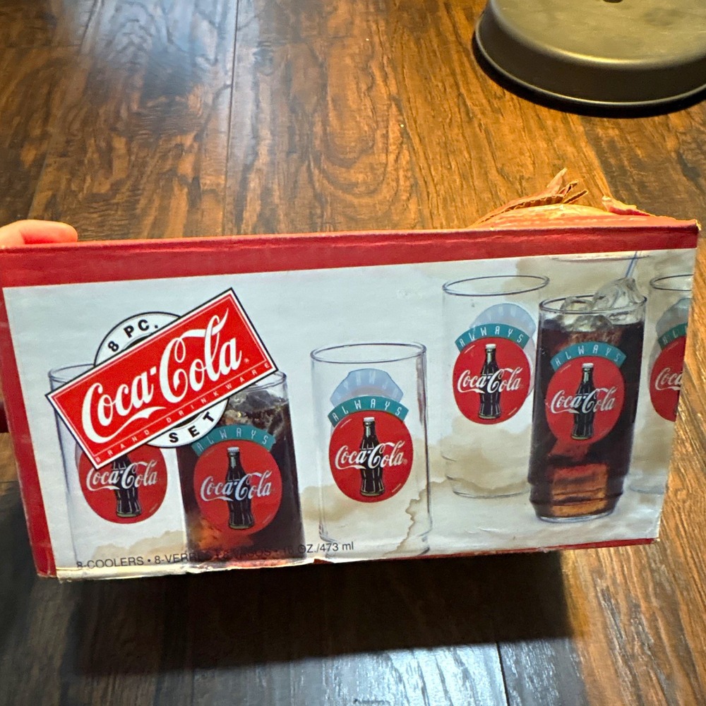 Coca-Cola 7 Pc Set 16 oz Clear Cooler Glasses Always Logo 1992 Indiana Glass